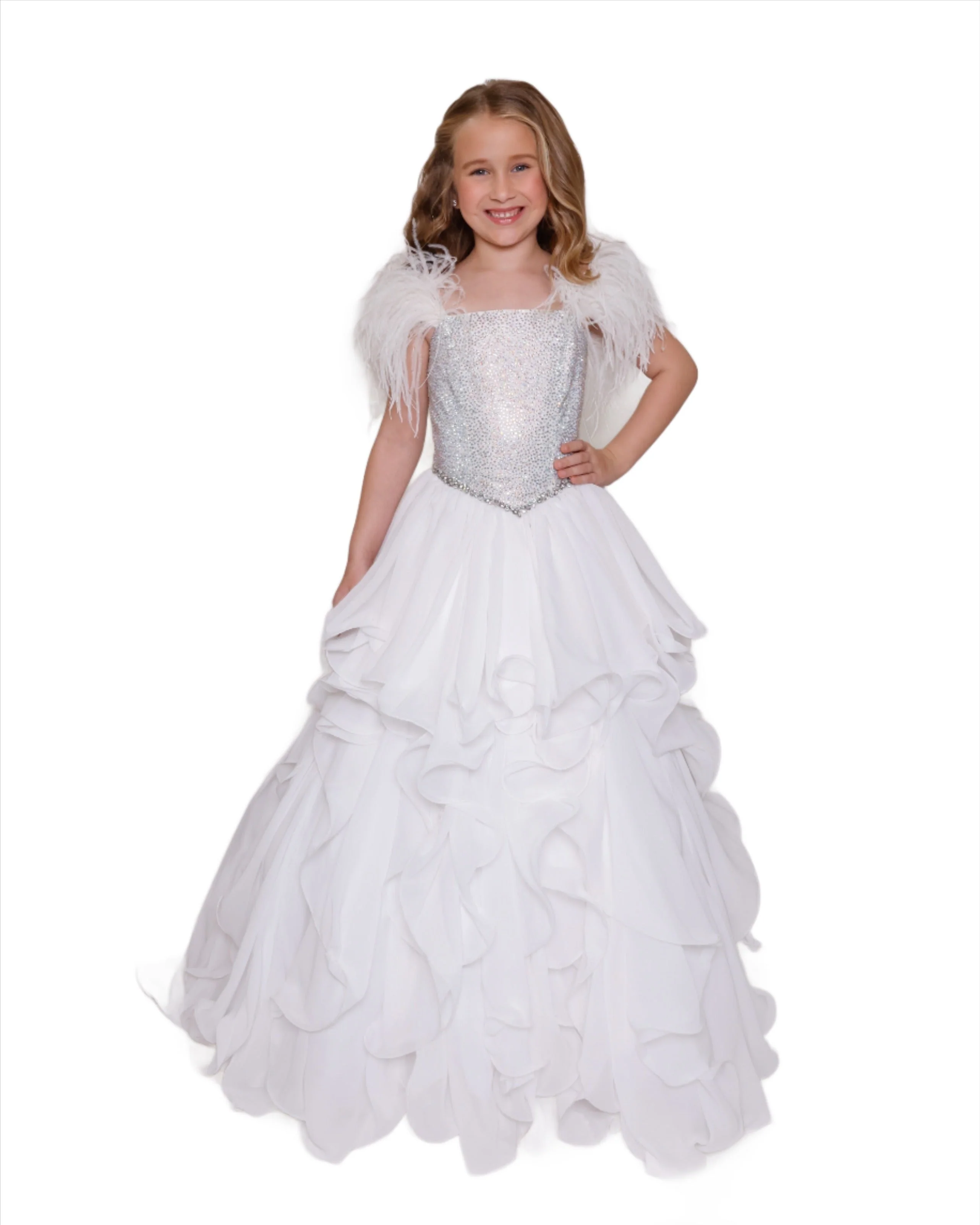 Ava Presley 38039 Size 12 White Feather Crystal Girls Pageant Dress Ruffle A Line Skirt Ball Gown - Image 3