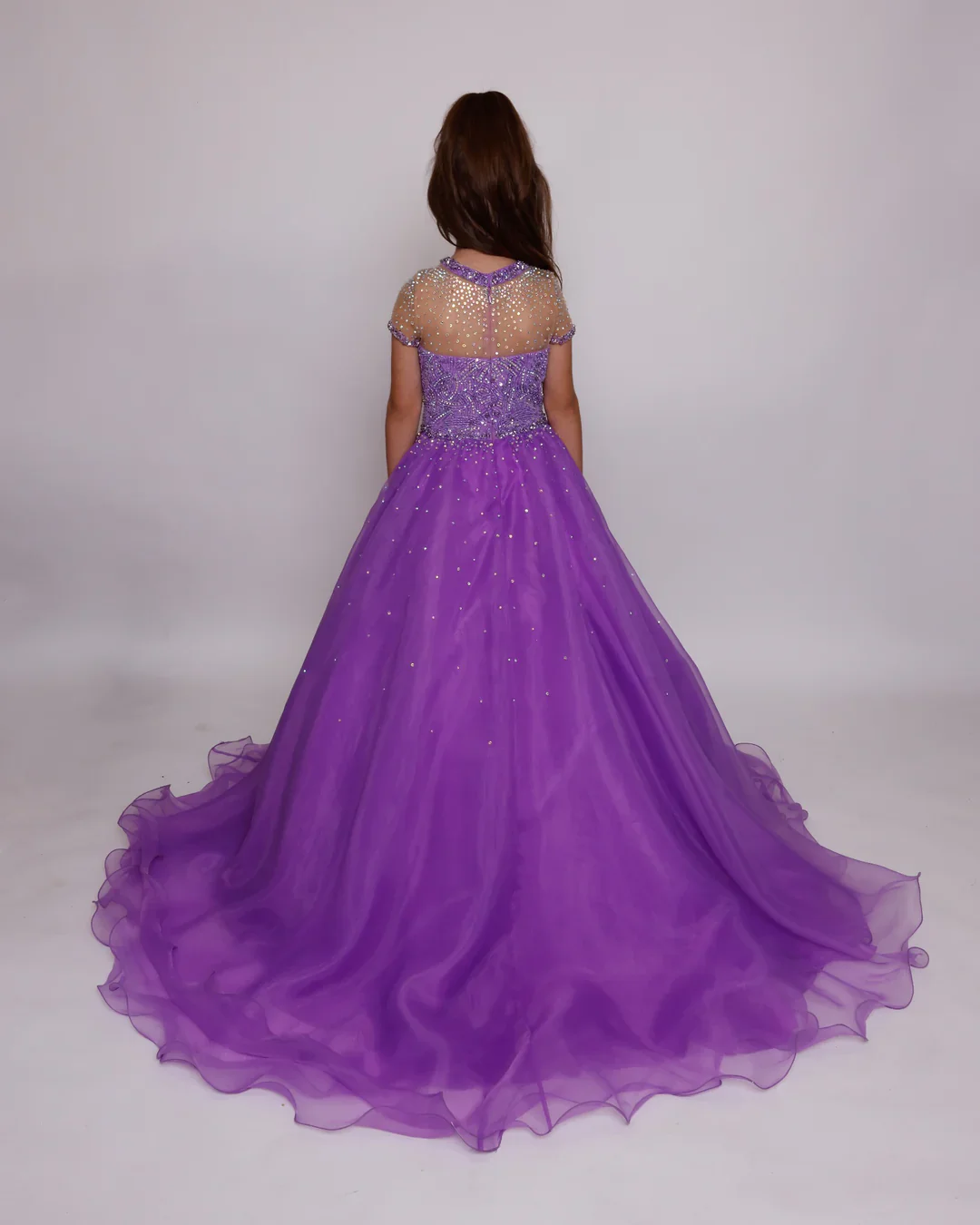 Ava Presley 38043 Girls Pageant Dress Sheer High Neck Ballgown cap sleeve crystal organza Train - Image 3