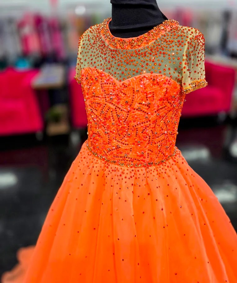 Ava Presley 38043 Girls Pageant Dress Sheer High Neck Ballgown cap sleeve crystal organza Train - Image 4