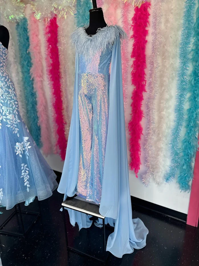 Ava Presley 38046 Long Sequin Jumpsuit Feather bodice detachable capes Girls Fun Fashion - Image 5