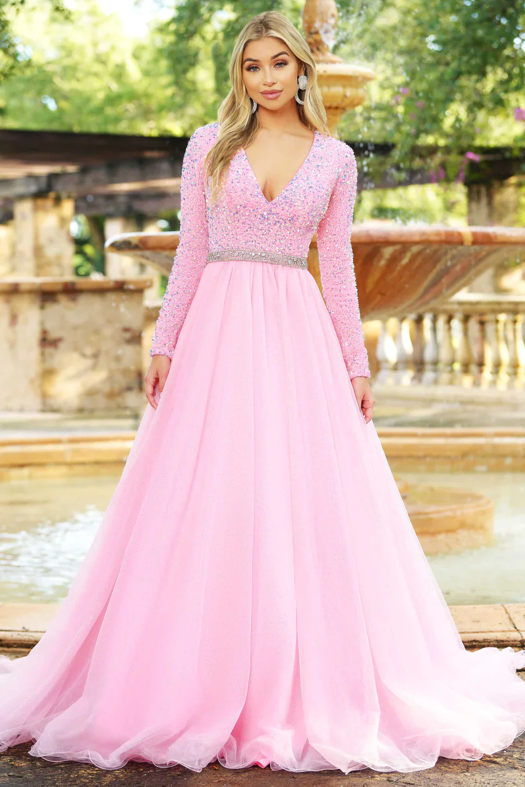 Ava Presley 38332 Size 12 Iridescent White Long Sleeve Velvet Sequin Shimmer A Line Ballgown Prom Dress Pageant Gown - Image 6