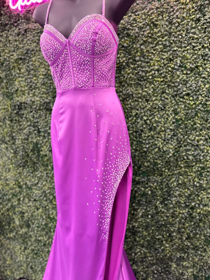 Ava Presley 39214 Size 2 Violet Long Fitted Satin Maxi Slit Prom Dress Crystal Corset Bodice Formal Gown - Image 3
