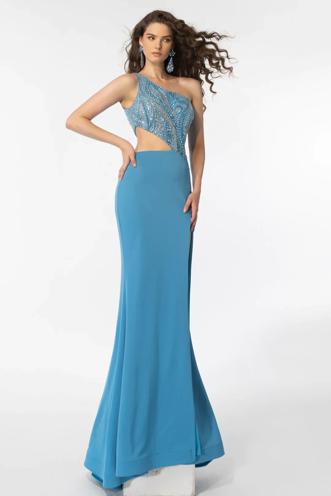 Ava Presley 39218 Long Prom Dress One Shoulder Side Cut Out Beaded Crystal Top Mermaid  Formal Pageant Gown