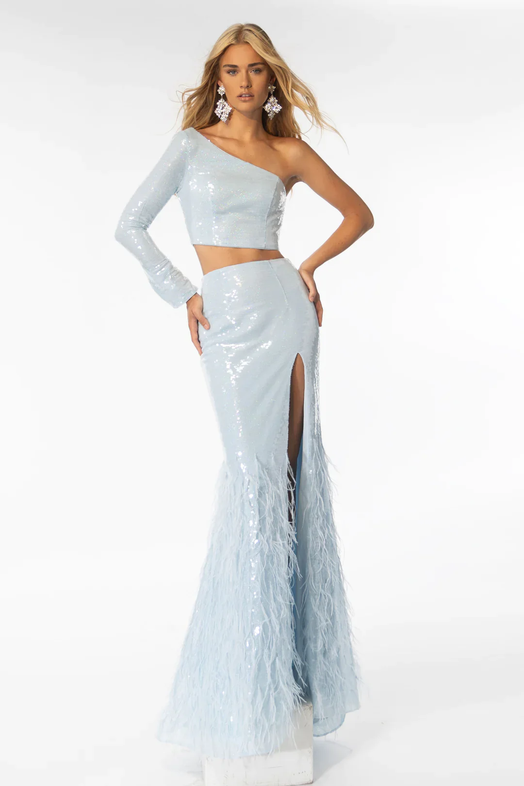 Ava Presley 39243 Long Prom 2pcs Sequin Dress One Sleeve Feather Detail Skirt Formal Pageant