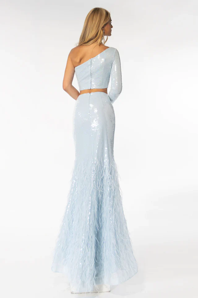 Ava Presley 39243 Long Prom 2pcs Sequin Dress One Sleeve Feather Detail Skirt Formal Pageant - Image 2