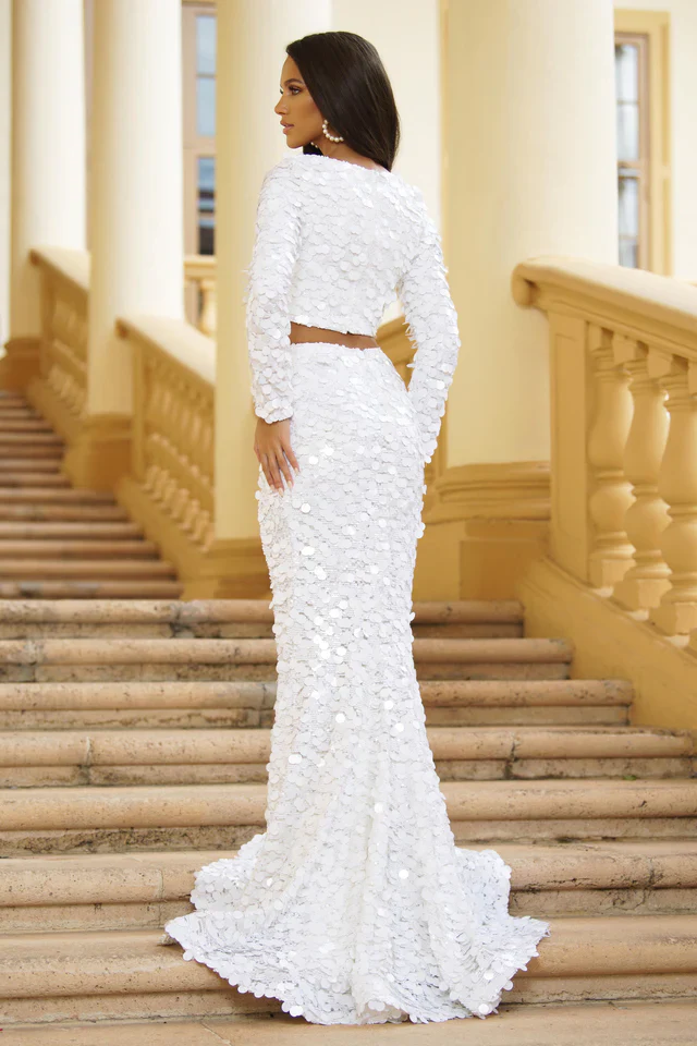 Ava Presley 39246 Long Prom Long Sleeve 2 Piece Glass Cut Mermaid Skirt High Slit Formal Pageant - Image 3