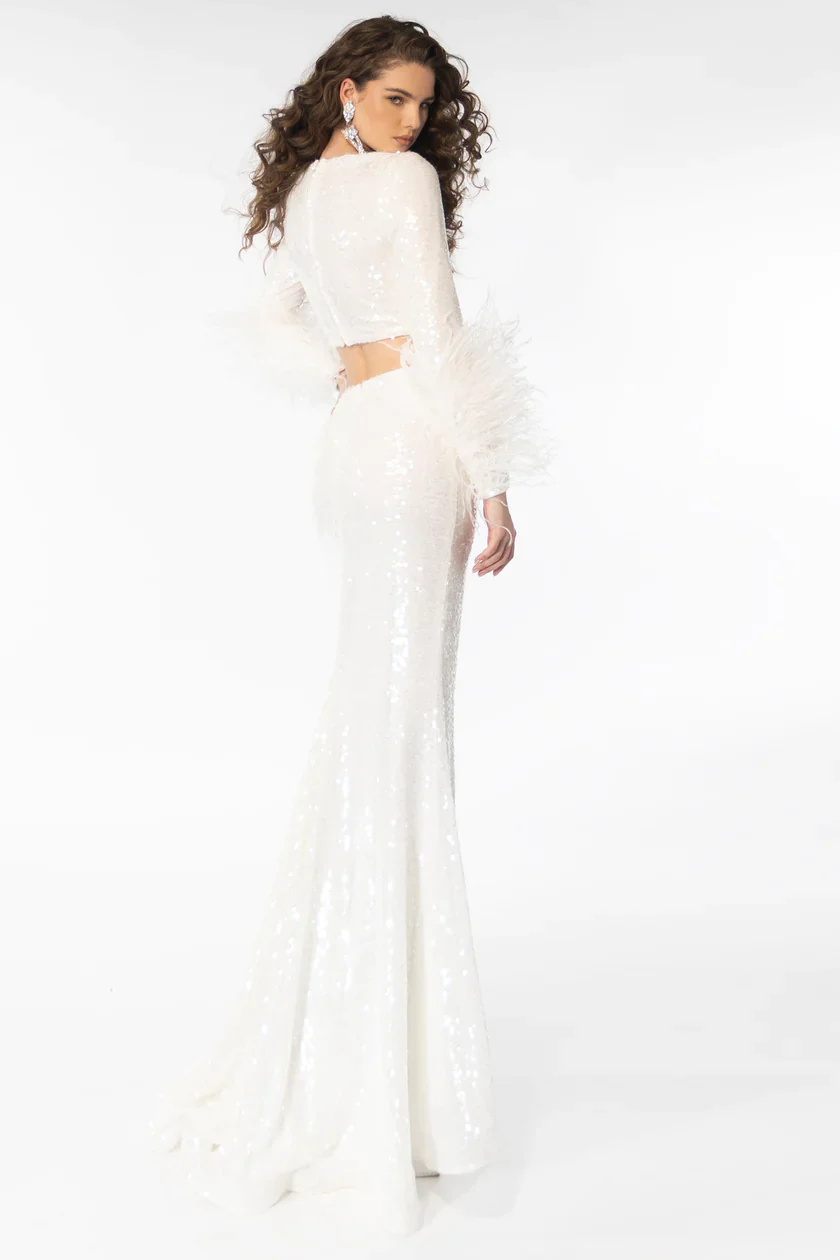 Ava Presley 39259 Long Prom Dress Long Sleeve Sequin 2pc Gown Feather Detail On Cuff Of Bodice Formal Pageant Gown - Image 4