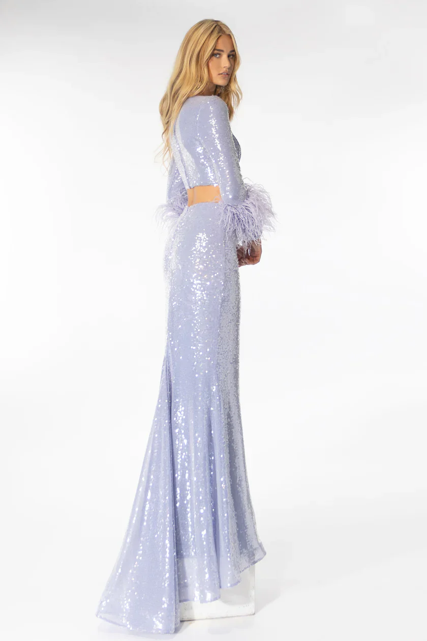 Ava Presley 39259 Long Prom Dress Long Sleeve Sequin 2pc Gown Feather Detail On Cuff Of Bodice Formal Pageant Gown - Image 5