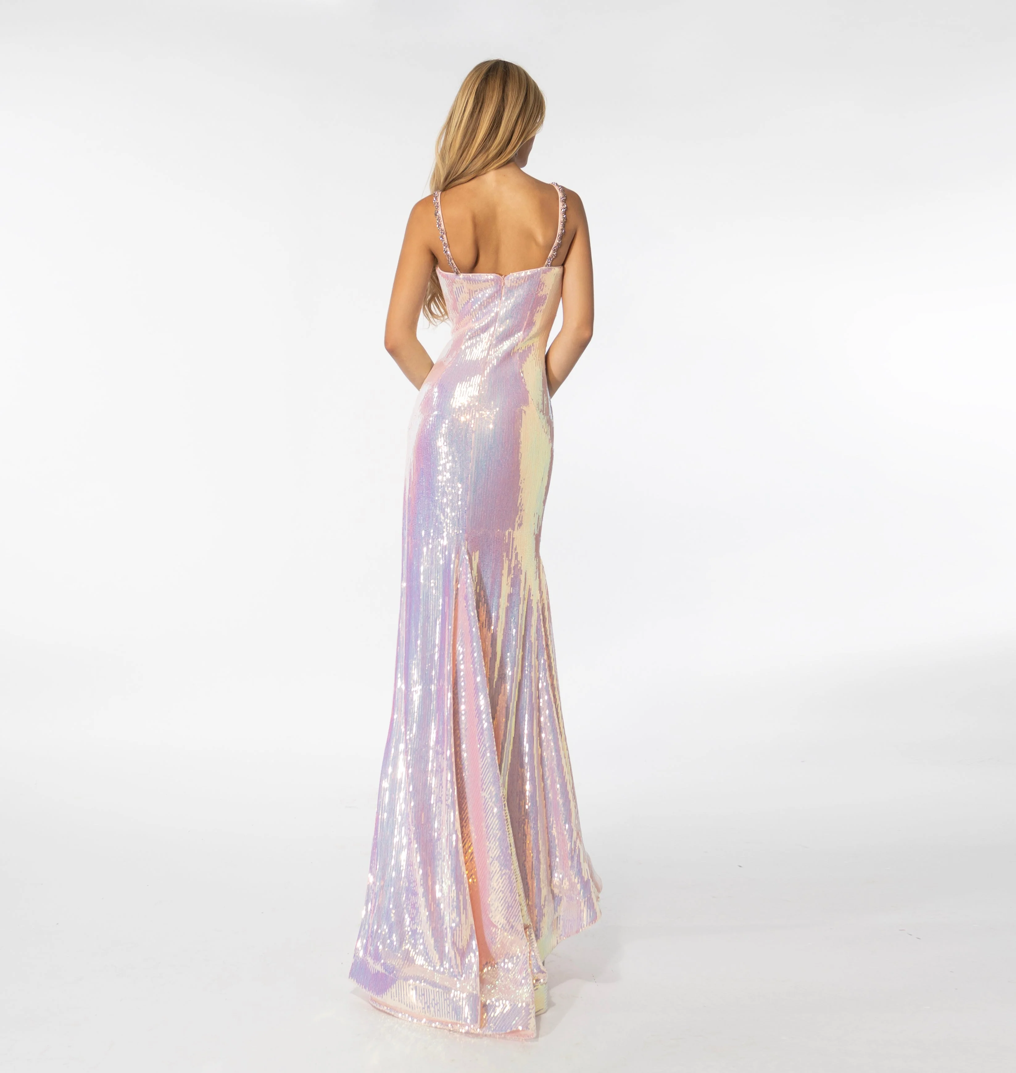 Ava Presley 39261 Size 8 Iridescent PINK Long Fitted Sequin Prom Dress Slit Pageant Gown Train V Neck Crystal - Image 5