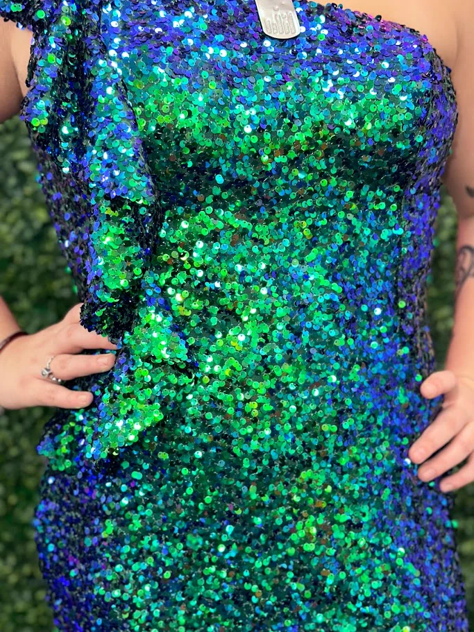 Ava Presley 39280 Size 10 Teal Long Iridescent Sequin Ruffle One Shoulder Prom Dress Slit Pageant Gown - Image 4