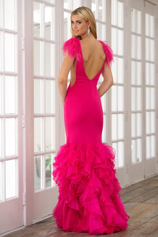 Ava Presley 39312 Fitted Long Prom Dress Plunging V Neckline Ruffles Feathers Formal Pageant Gown