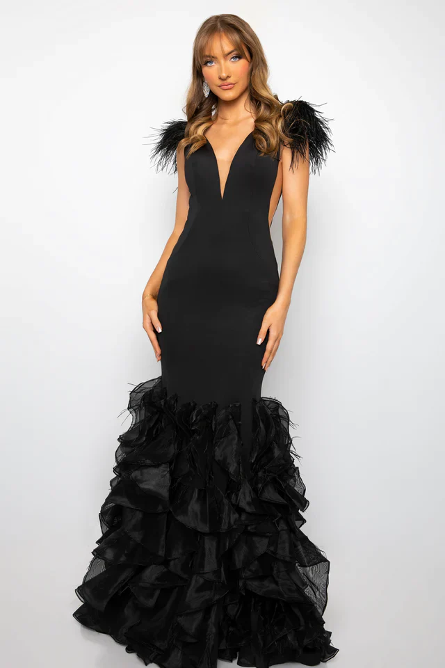 Ava Presley 39312 Fitted Long Prom Dress Plunging V Neckline Ruffles Feathers Formal Pageant Gown - Image 2