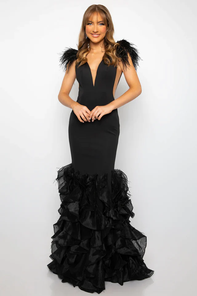 Ava Presley 39312 Fitted Long Prom Dress Plunging V Neckline Ruffles Feathers Formal Pageant Gown - Image 3