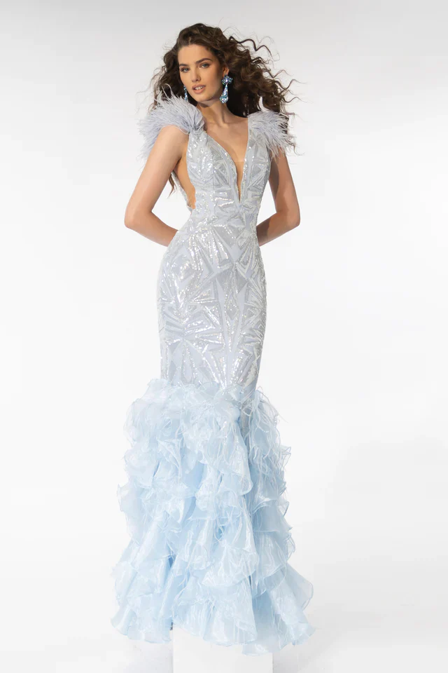 Ava Presley 39315  Long Dress Feathers Geometric Sequin Design Organza Mermaid Skirt Formal Pageant  Gown - Image 3