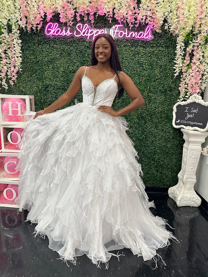 Ava Presley 39554 Size 2,6 White Feather Velvet Dress A Line Ruffle Ballgown V Neck Formal Pageant Prom - Image 2