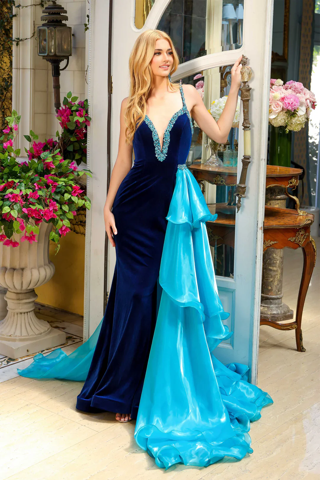 Ava Presley 39556 Velvet Formal Dress Overskirt Slit Formal V Neck Crystal Pageant Gown - Image 11