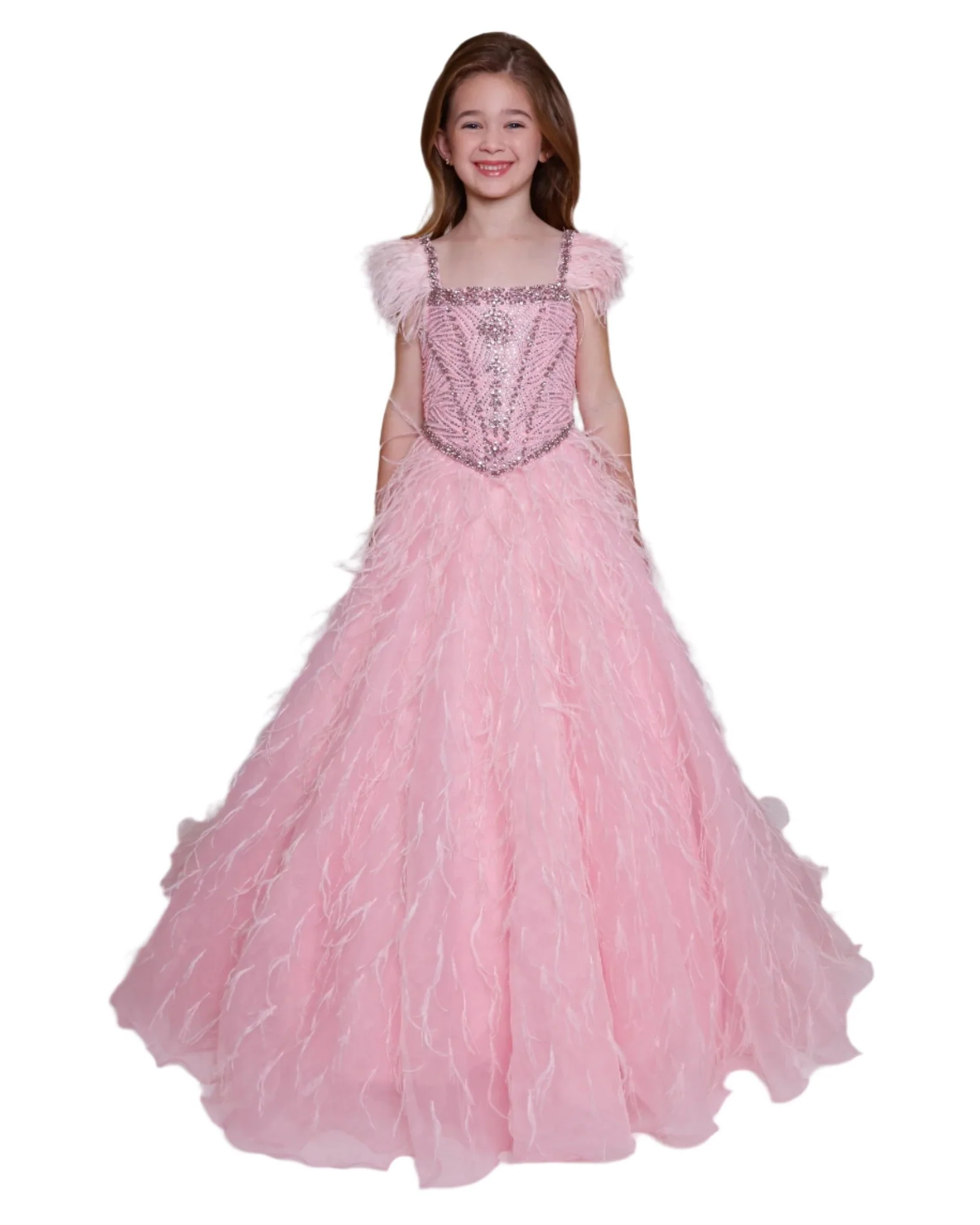 Ava Presley 39889 Girls Crystal Bodice Feather Ballgown Pageant Dress Cap Sleeve Formal - Image 2