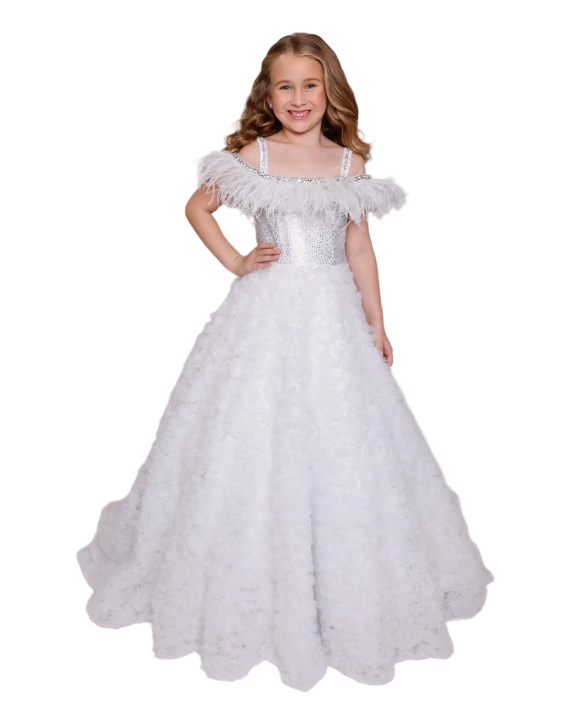Ava Presley 39894 Girls Pageant Dress Shimmer Feather Ballgown Crystal off the Shoulder Formal - Image 2