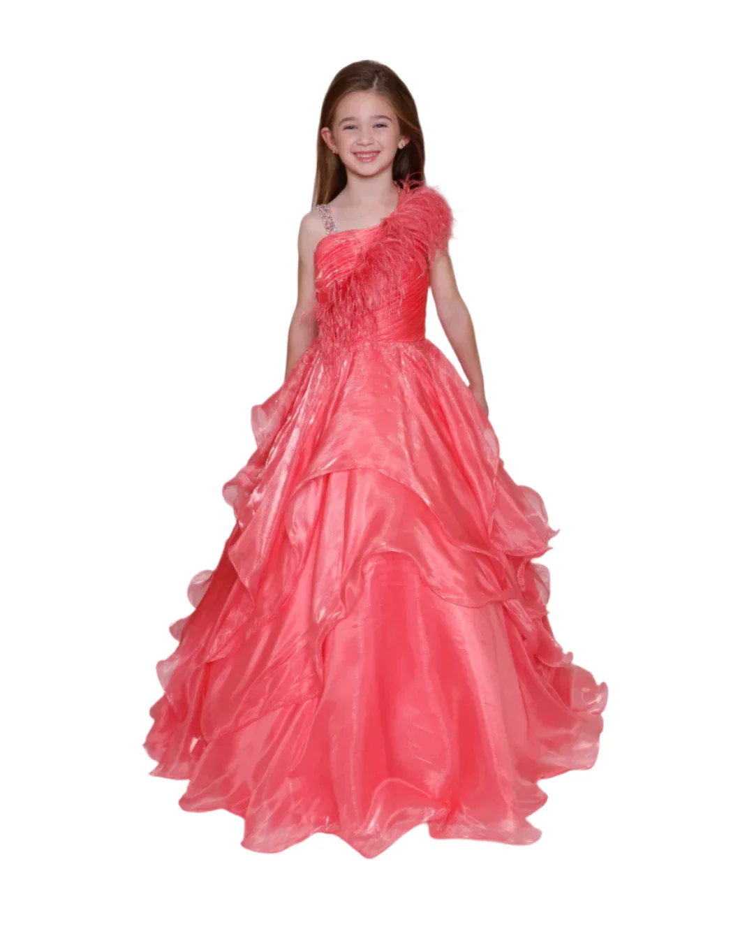 Ava Presley Girls 39887 Long Shimmer Layer Pageant Dress Feather One Shoulder Crystal Gown - Image 2