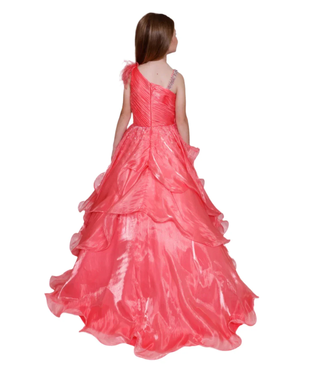 Ava Presley Girls 39887 Long Shimmer Layer Pageant Dress Feather One Shoulder Crystal Gown - Image 4