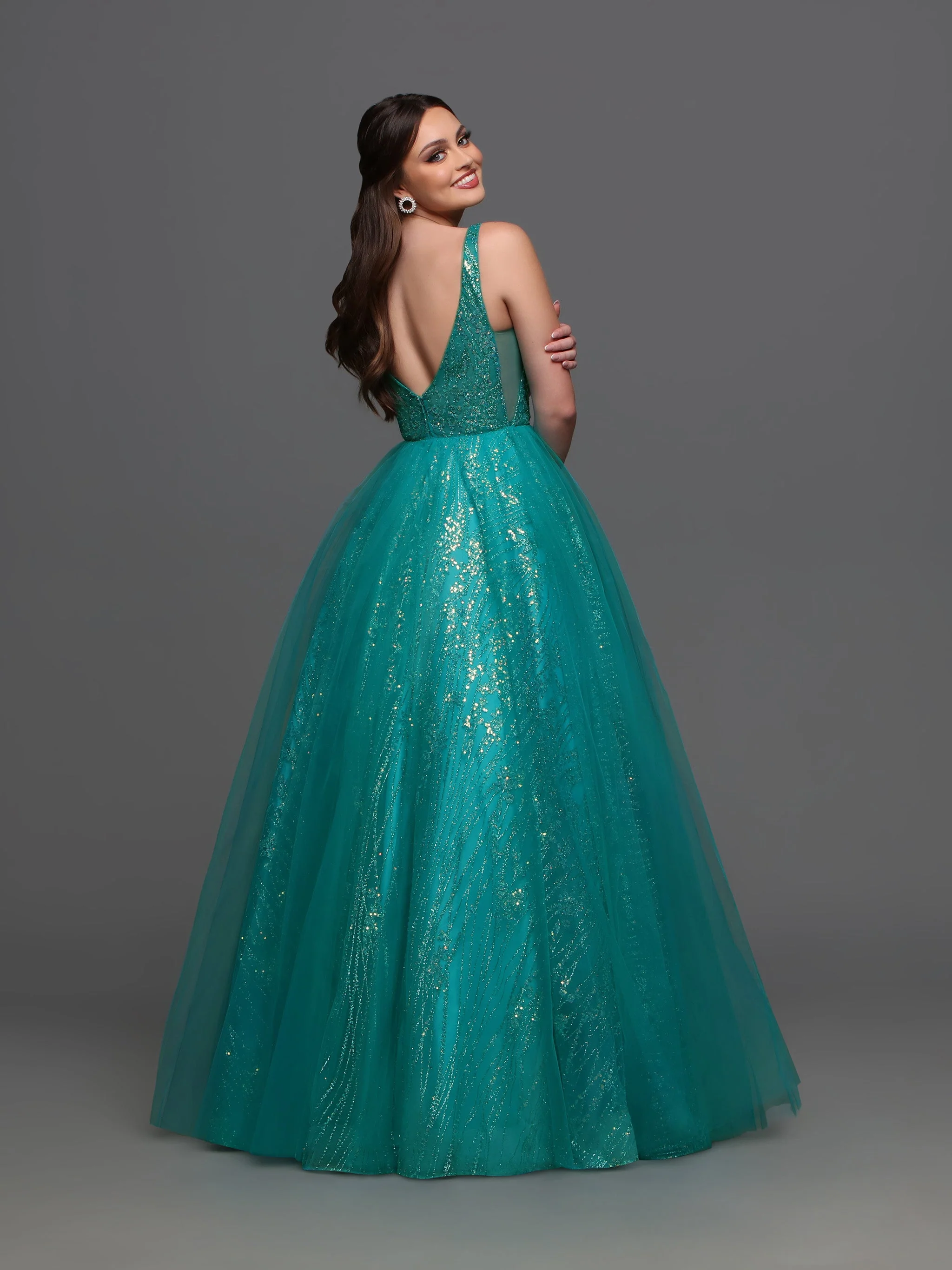 Candice Wang 72336 Size 14 Teal Sheer Glitter A Line Prom Dress Slit V neck Formal BallGown Shimmer - Image 2