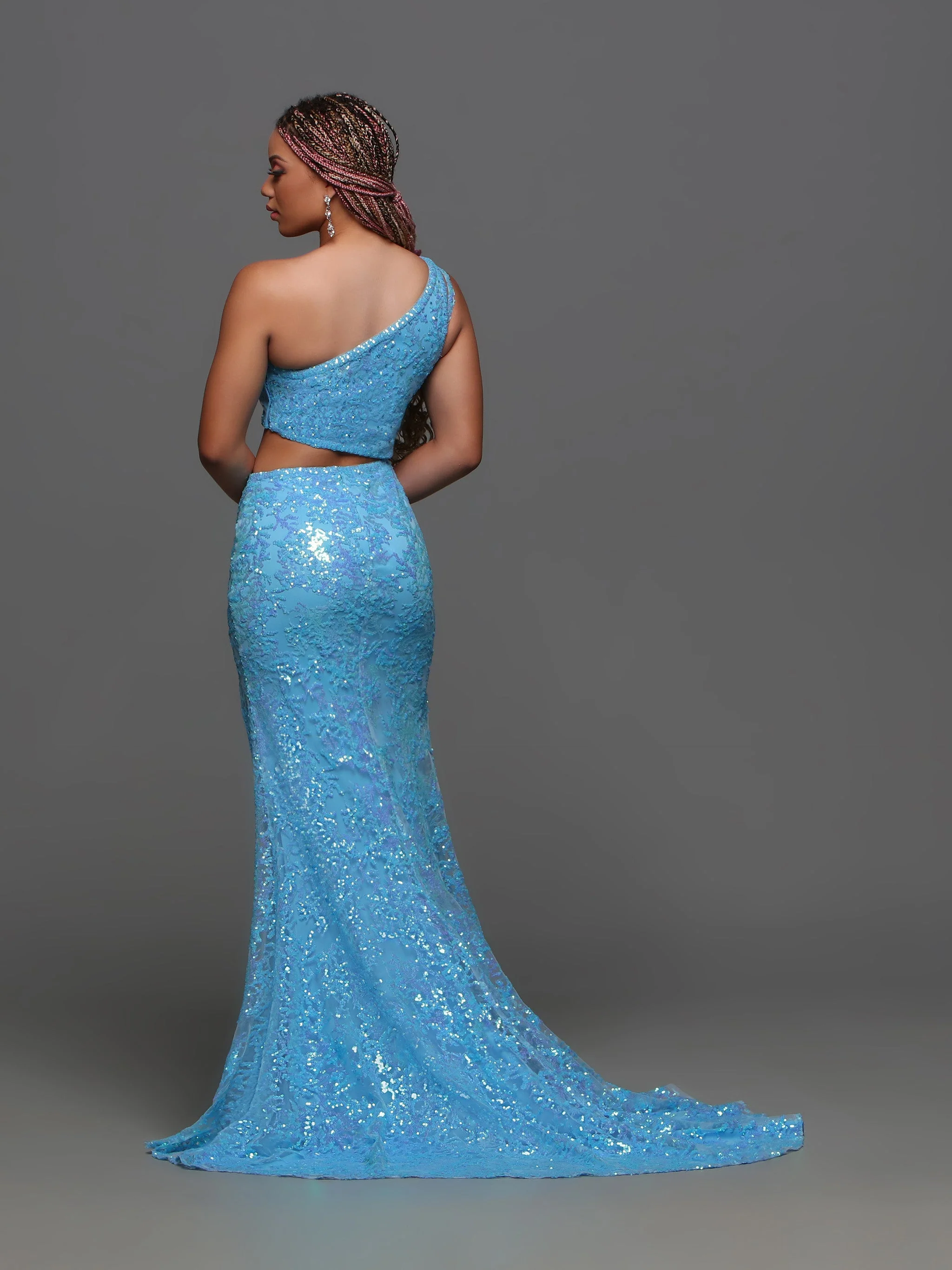 Candice Wang 72389 Size 2 Blue One Shoulder Sequin Cutout Prom Dress Slit Formal Gown Train - Image 2