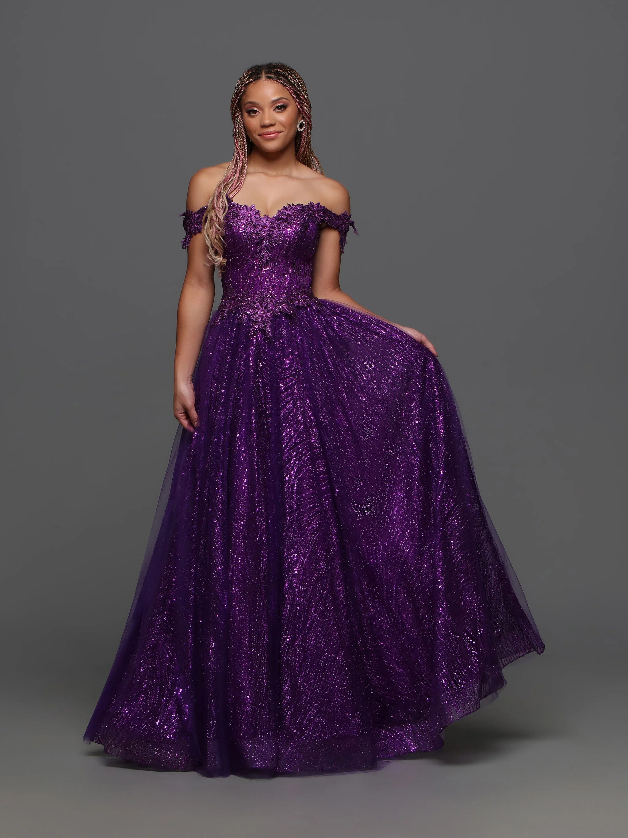 Candice Wang 72405 Size 4 Purple A Line Glitter Tulle Lace Prom Dress off the shoulder Corset Formal Gown