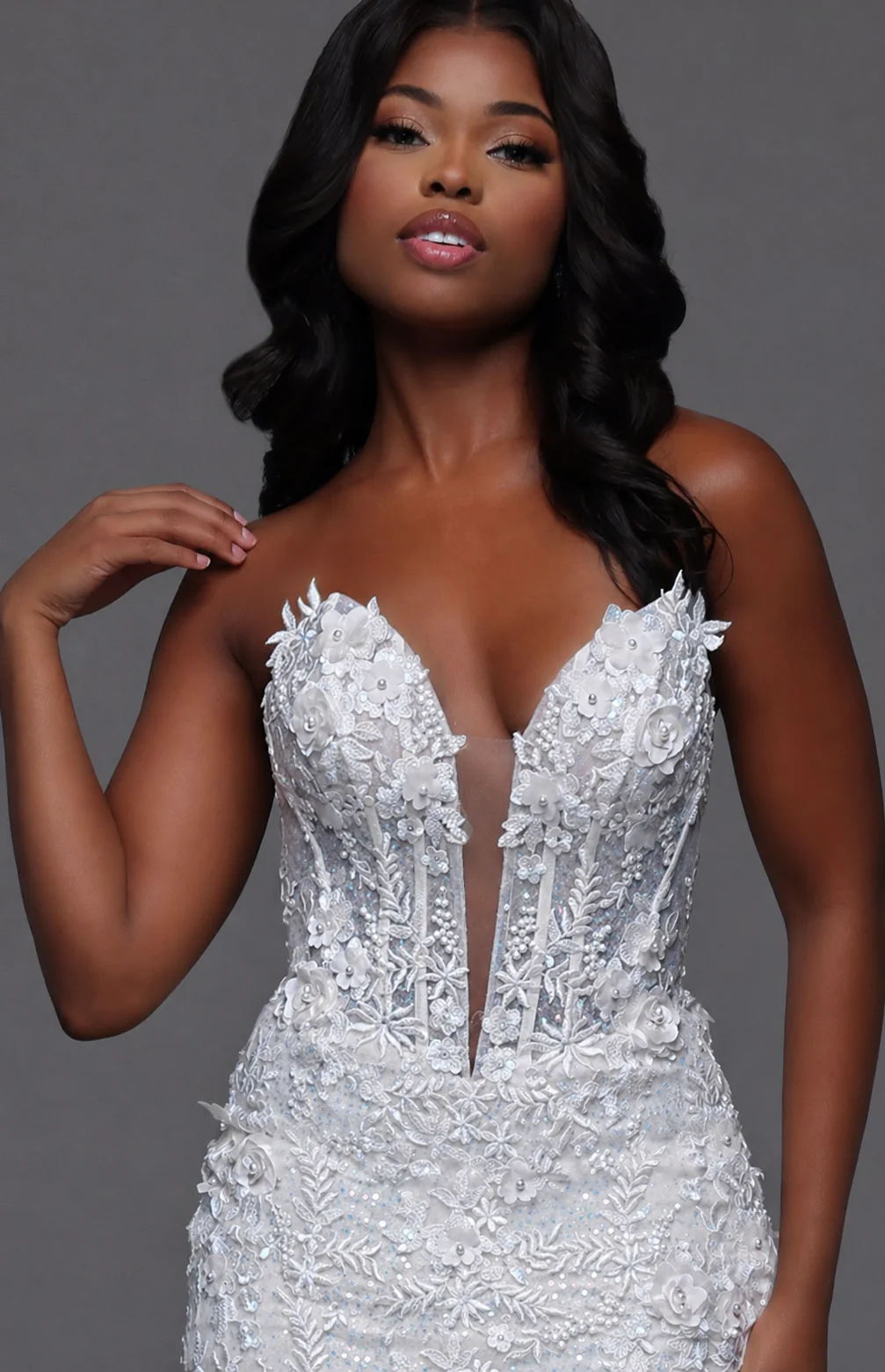 Candice Wang 72443 Size 2 White Lace Prom Dress Mermaid Sequin Corset - Image 2
