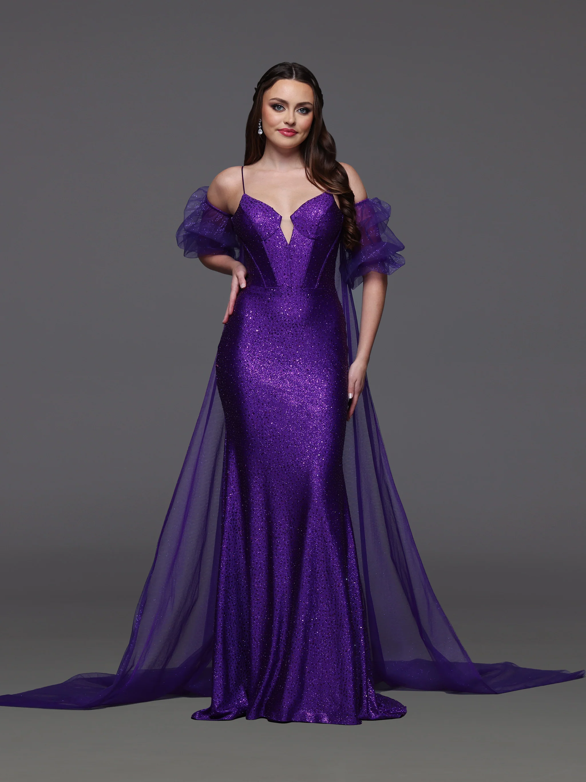 Candice Wang 72521 Size 8 Purple Glitter Fitted Prom Dress Detachable Puff Sleeve Cape