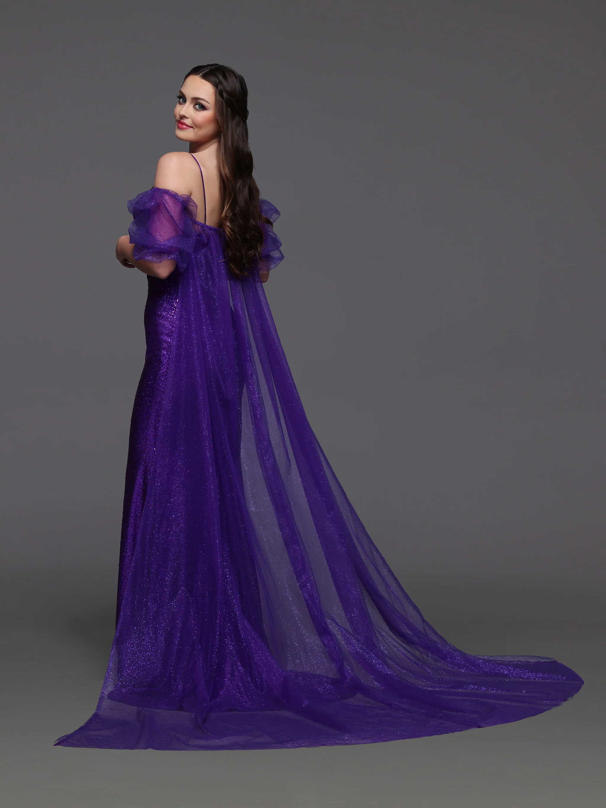 Candice Wang 72521 Size 8 Purple Glitter Fitted Prom Dress Detachable Puff Sleeve Cape - Image 2