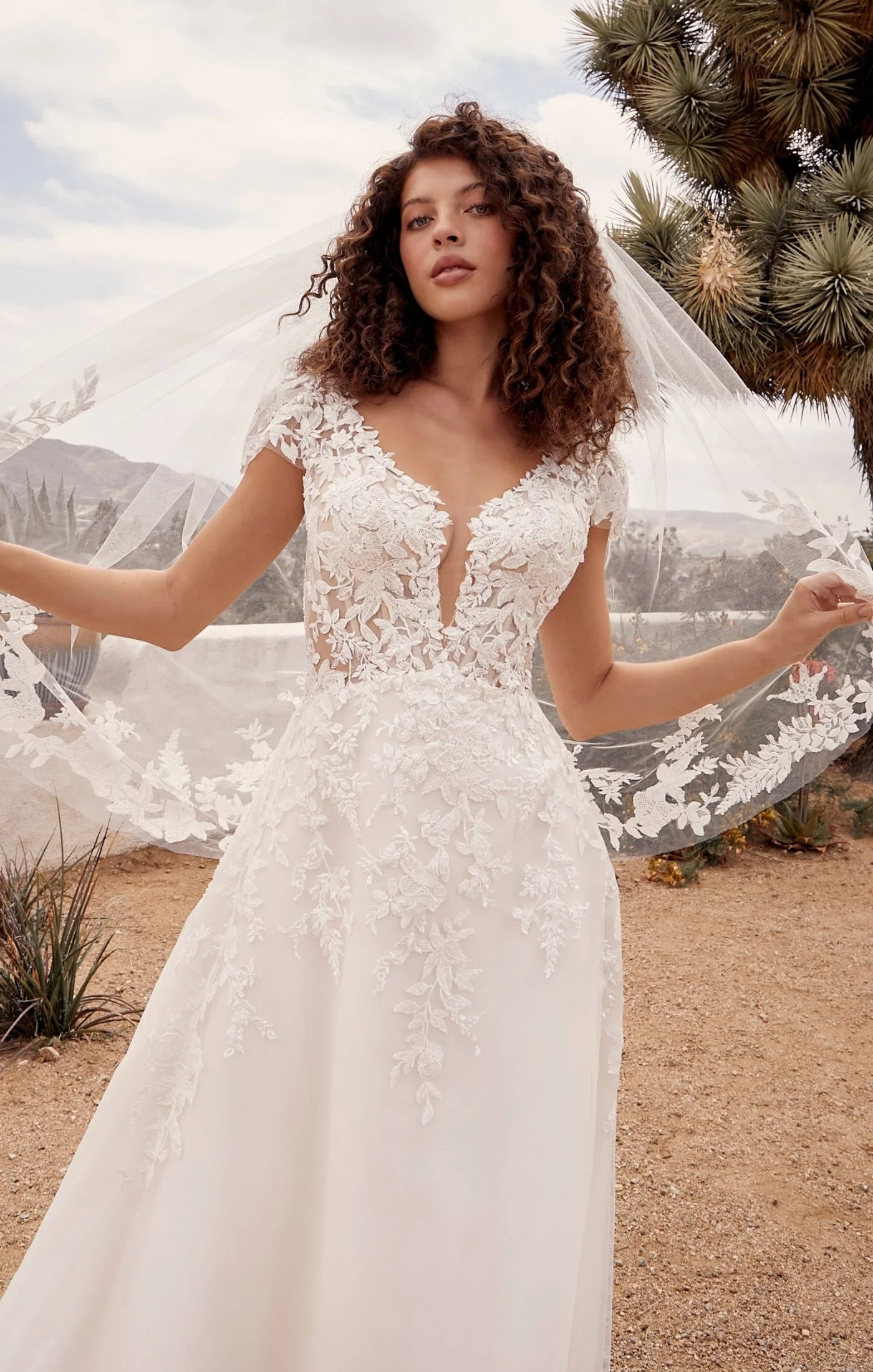 Casablanca Beloved BL435 Rusty A-Line Low Back Cap Sleeves V-Neck 3D Lace Appliques Floral Embroidered Train Wedding Gown - Image 4