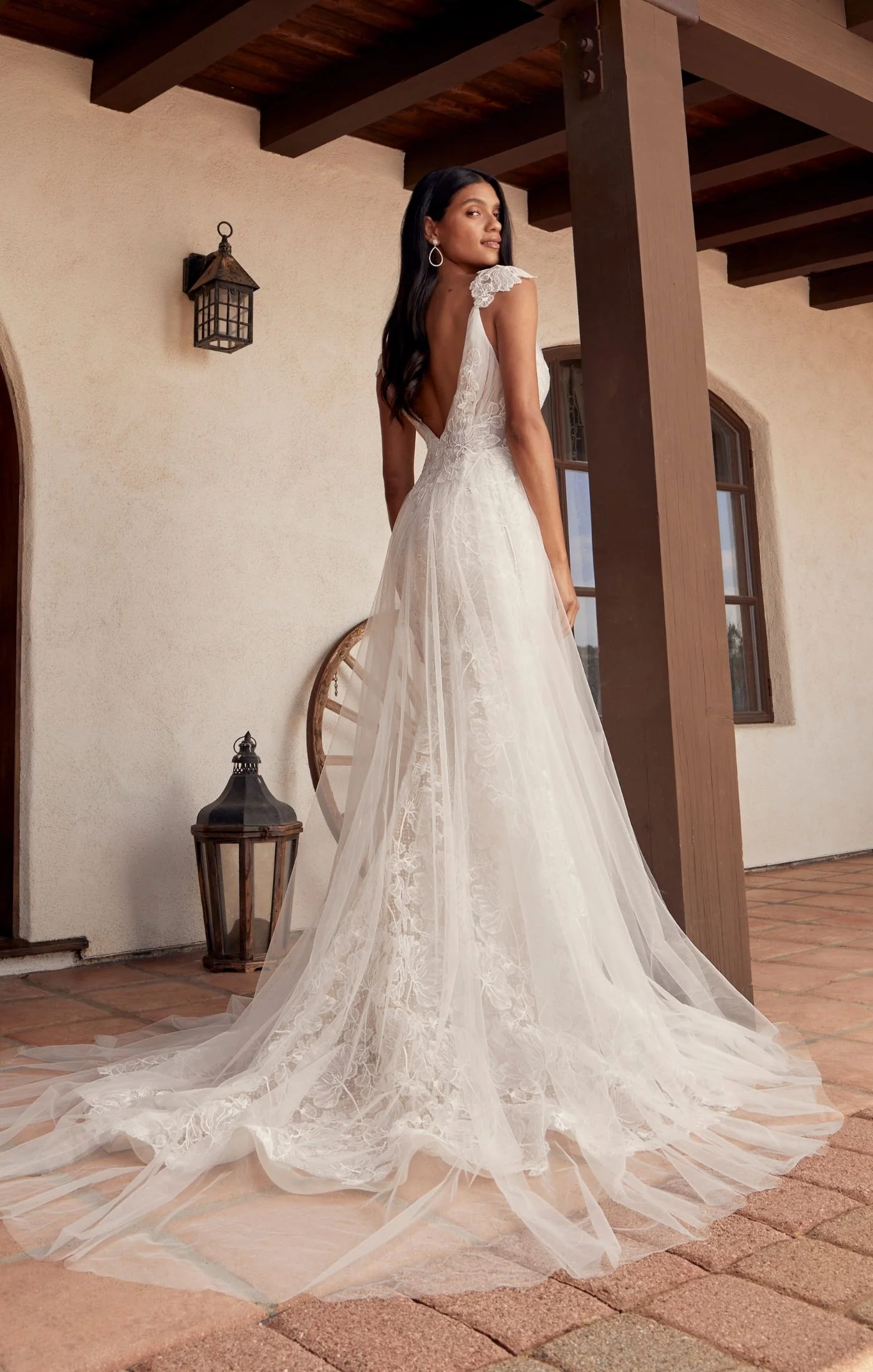 Casablanca Beloved BL436 Cayenne A-Line Detachable Off Shoulder Cap Sleeves Spaghetti Strap Semi-Illusion Bodice Vertical Pleated Tulle Floral Lace Wedding Gown - Image 2
