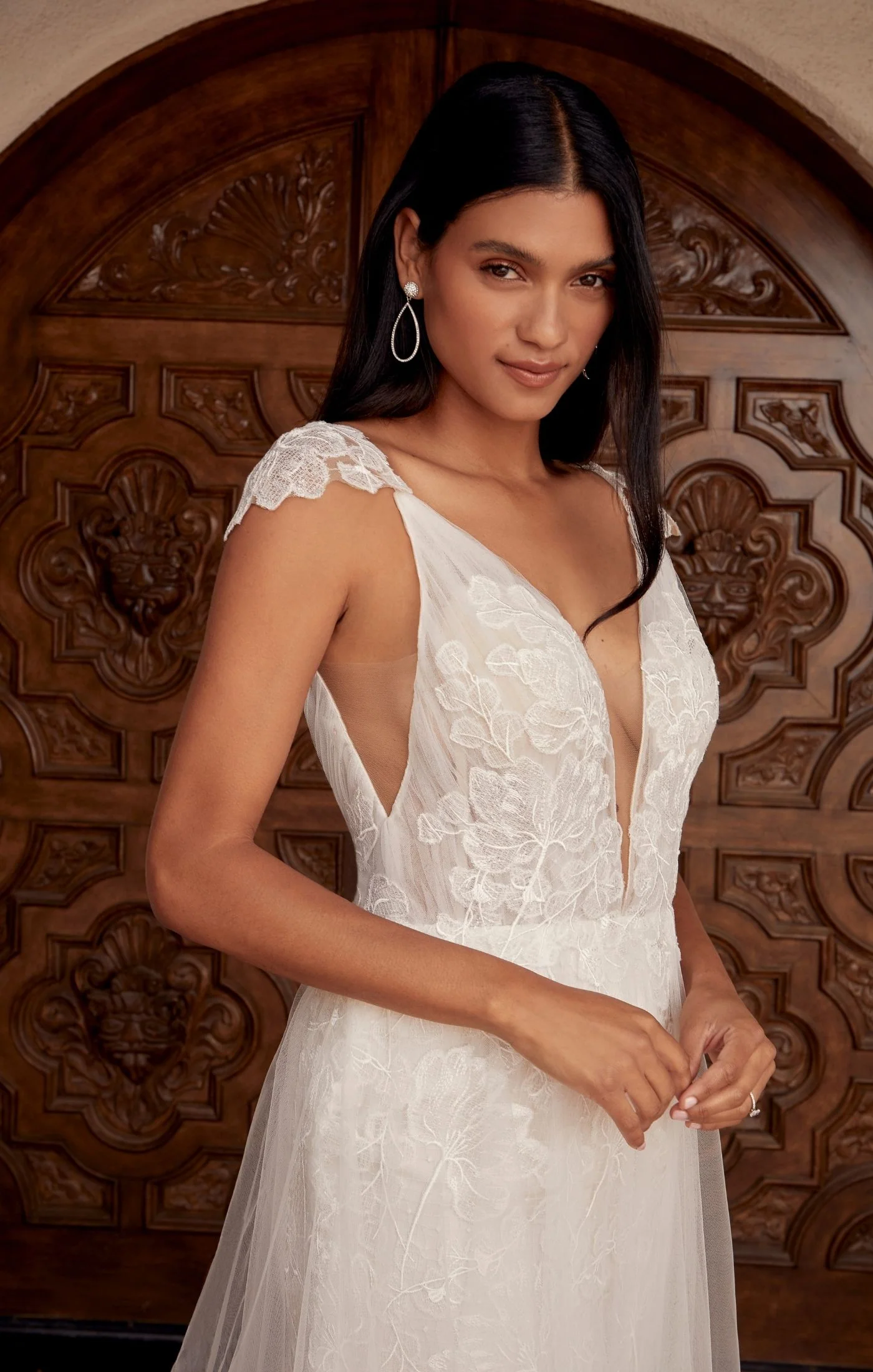 Casablanca Beloved BL436 Cayenne A-Line Detachable Off Shoulder Cap Sleeves Spaghetti Strap Semi-Illusion Bodice Vertical Pleated Tulle Floral Lace Wedding Gown - Image 3