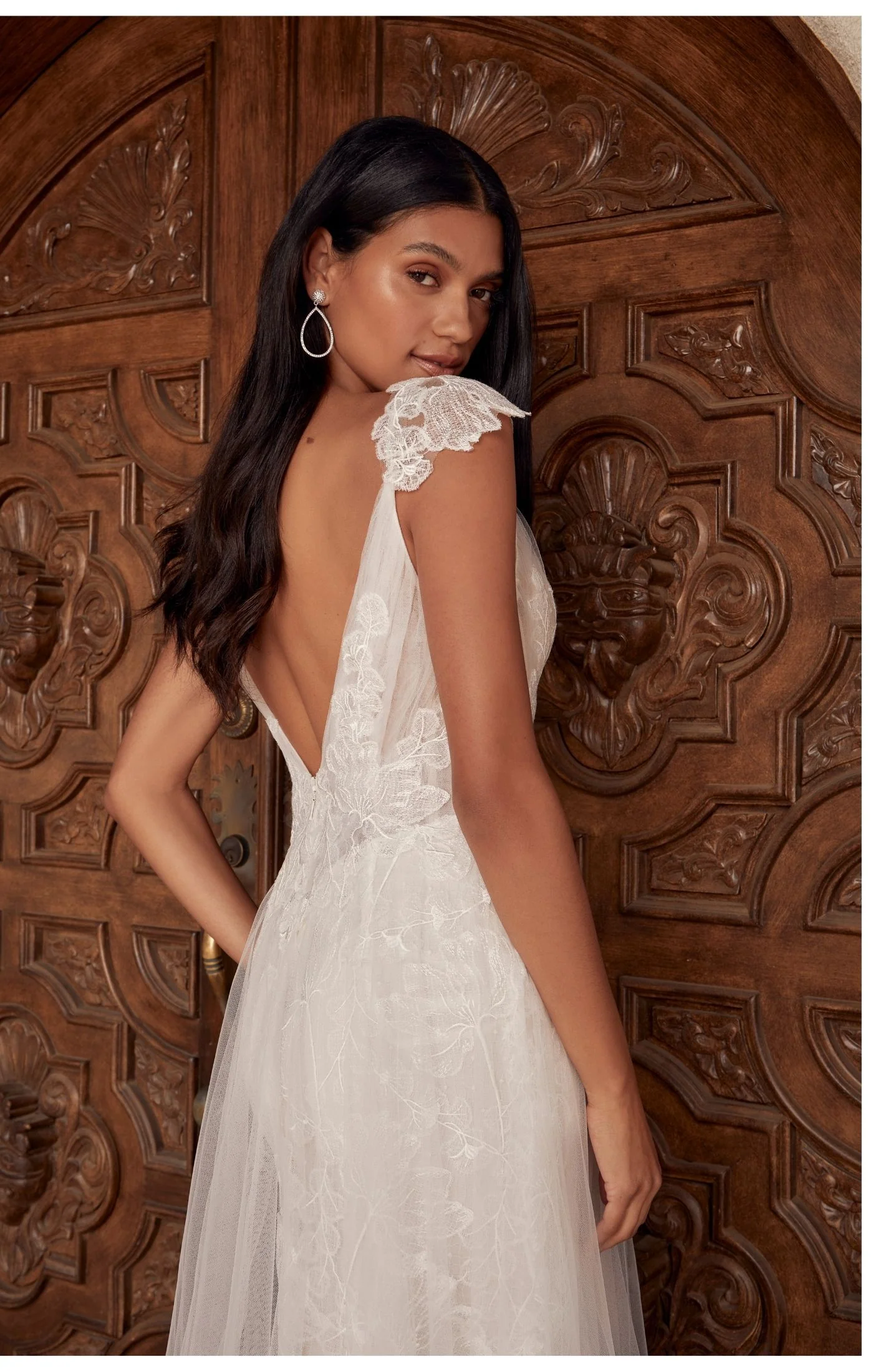 Casablanca Beloved BL436 Cayenne A-Line Detachable Off Shoulder Cap Sleeves Spaghetti Strap Semi-Illusion Bodice Vertical Pleated Tulle Floral Lace Wedding Gown - Image 4