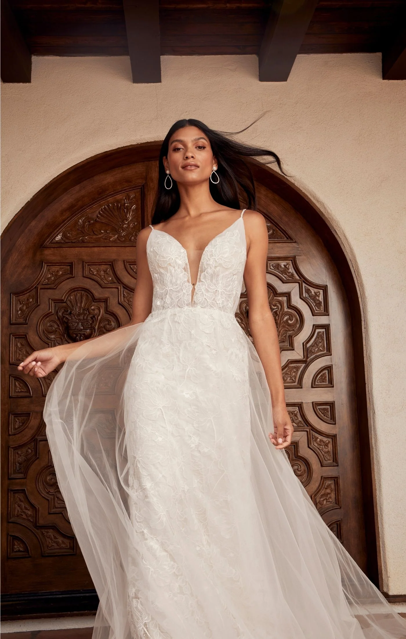 Casablanca Beloved BL436 Cayenne A-Line Detachable Off Shoulder Cap Sleeves Spaghetti Strap Semi-Illusion Bodice Vertical Pleated Tulle Floral Lace Wedding Gown - Image 5