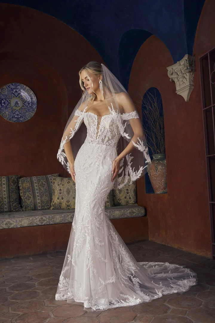 Casablanca Bridal 2554 Rochelle Wedding Dress Fit And Flare Off The Shoulder Plunging Neckline Sequin Floral Lace Train - Image 5