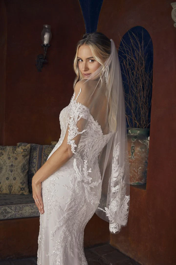 Casablanca Bridal 2554 Rochelle Wedding Dress Fit And Flare Off The Shoulder Plunging Neckline Sequin Floral Lace Train - Image 6