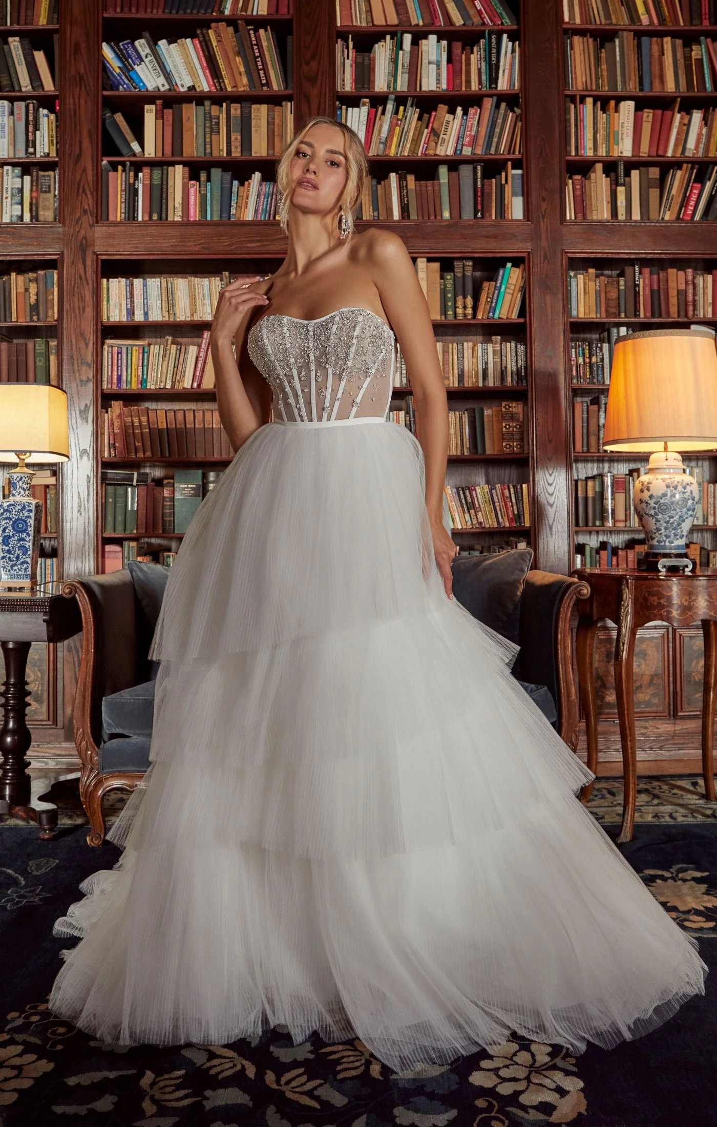 Casablanca Bridal 2558 Jewel A-Line Ballgown Strapless Sheer Corset Sweetheart Neckline Tulle Tier Train Wedding Gown