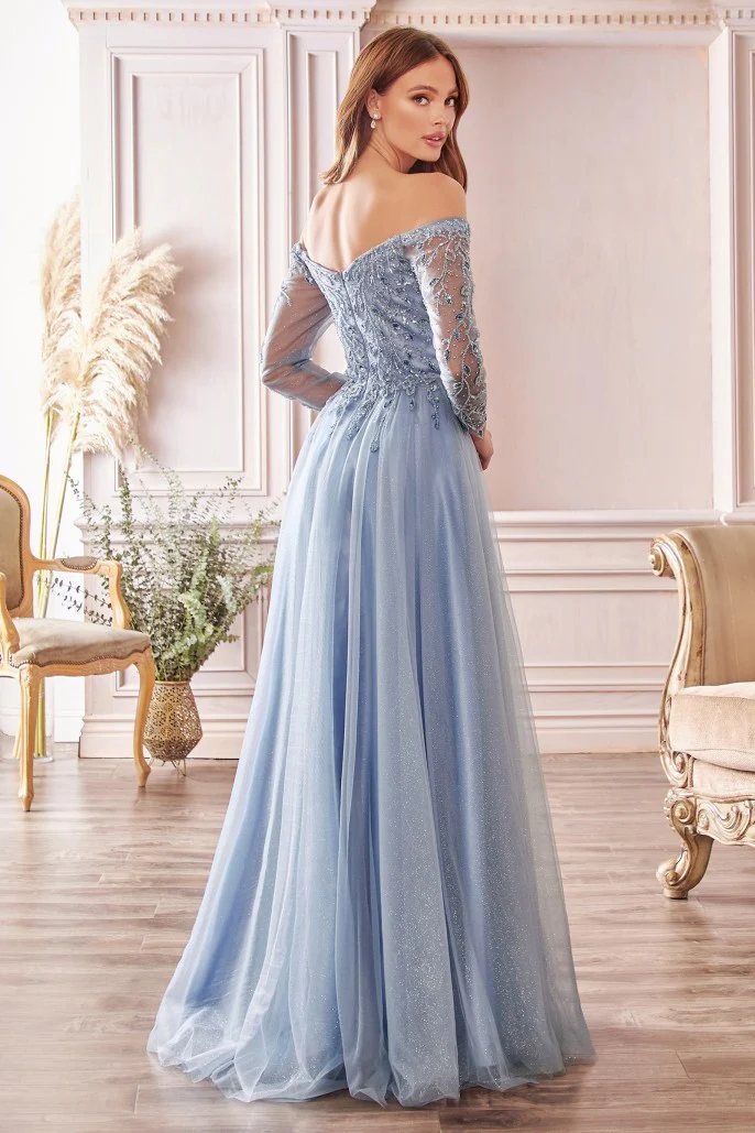 CD 0172 Size 12 Long Shimmer A Line Mother of Sheer Long Sleeve Dress Off the Shoulder - Image 3