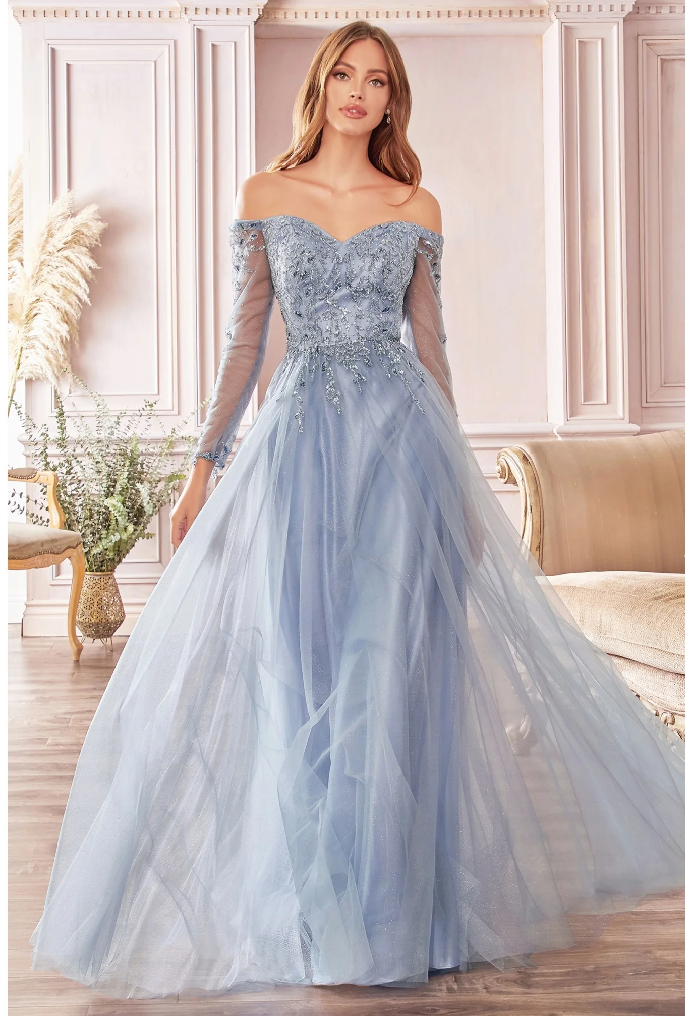 CD 0172 Size 12 Long Shimmer A Line Mother of Sheer Long Sleeve Dress Off the Shoulder - Image 4