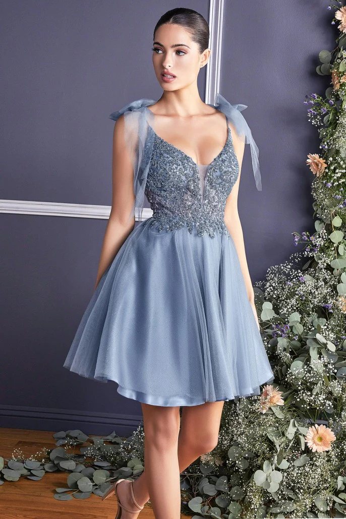 CD 0174 Size 10 Short Fit & Flare Sheer Beaded Formal Cocktail Dress Bow Strap Gown - Image 2