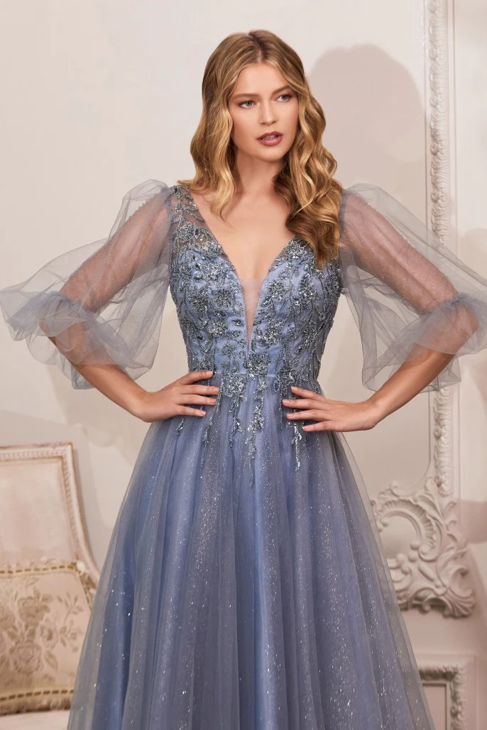 CD 0182 Size 18 A Line Shimmer Long Sheer Puff Sleeve Mother Of Dress Formal Evening Gown - Image 7