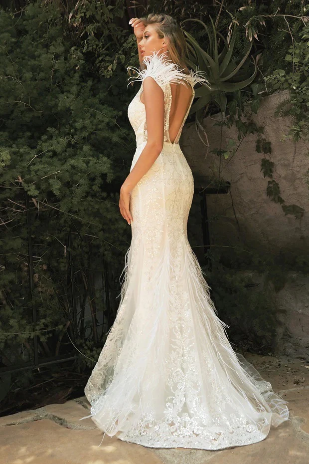 CD 57W Size 8 Off White Feather Embellished glitter mermaid Wedding Dress Bridal Gown V Neck Sheer - Image 2