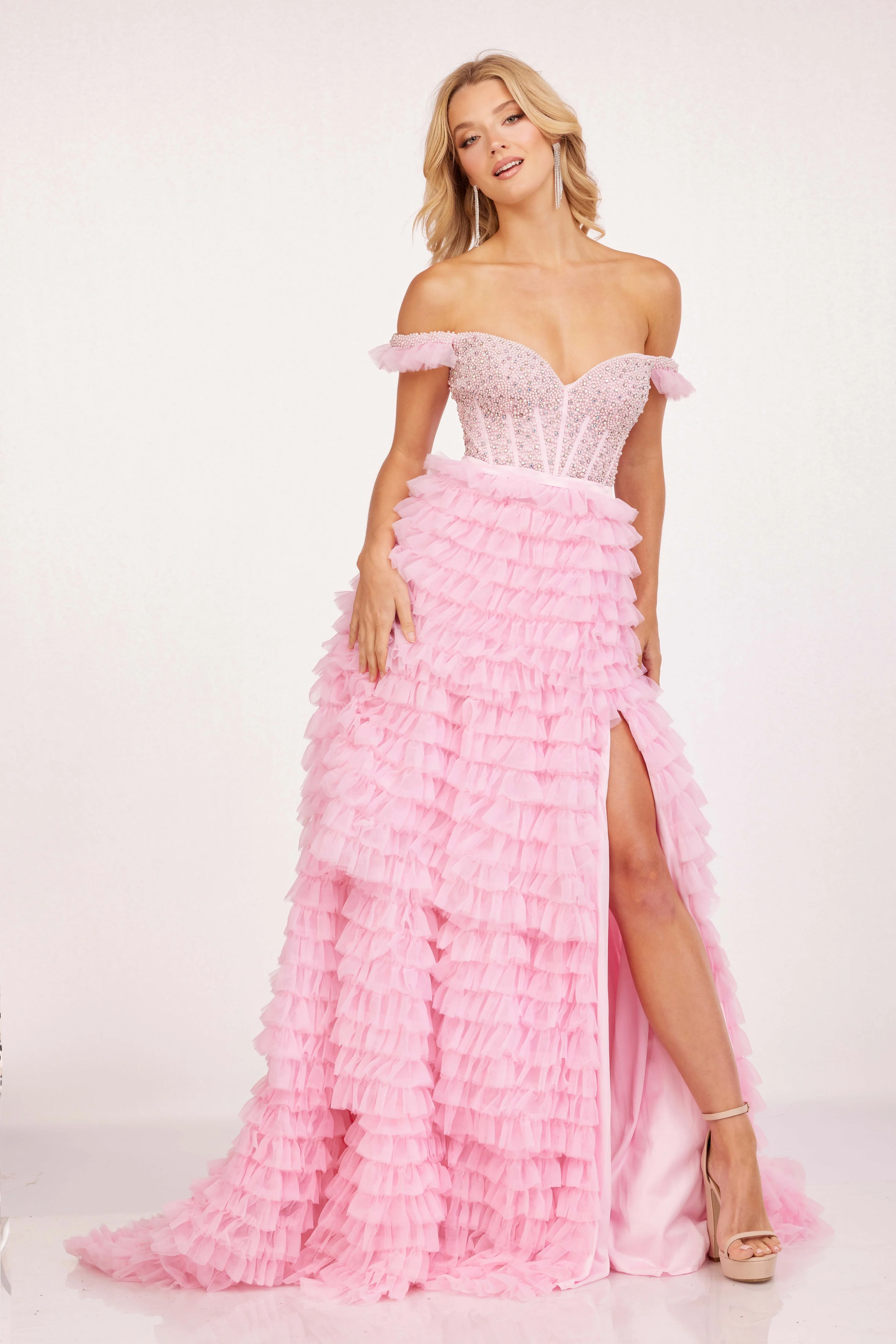 Cecilia Couture 2224 Ruffle A Line Maxi Slit off the Shoulder Prom Dress Formal Corset Gown - Image 3