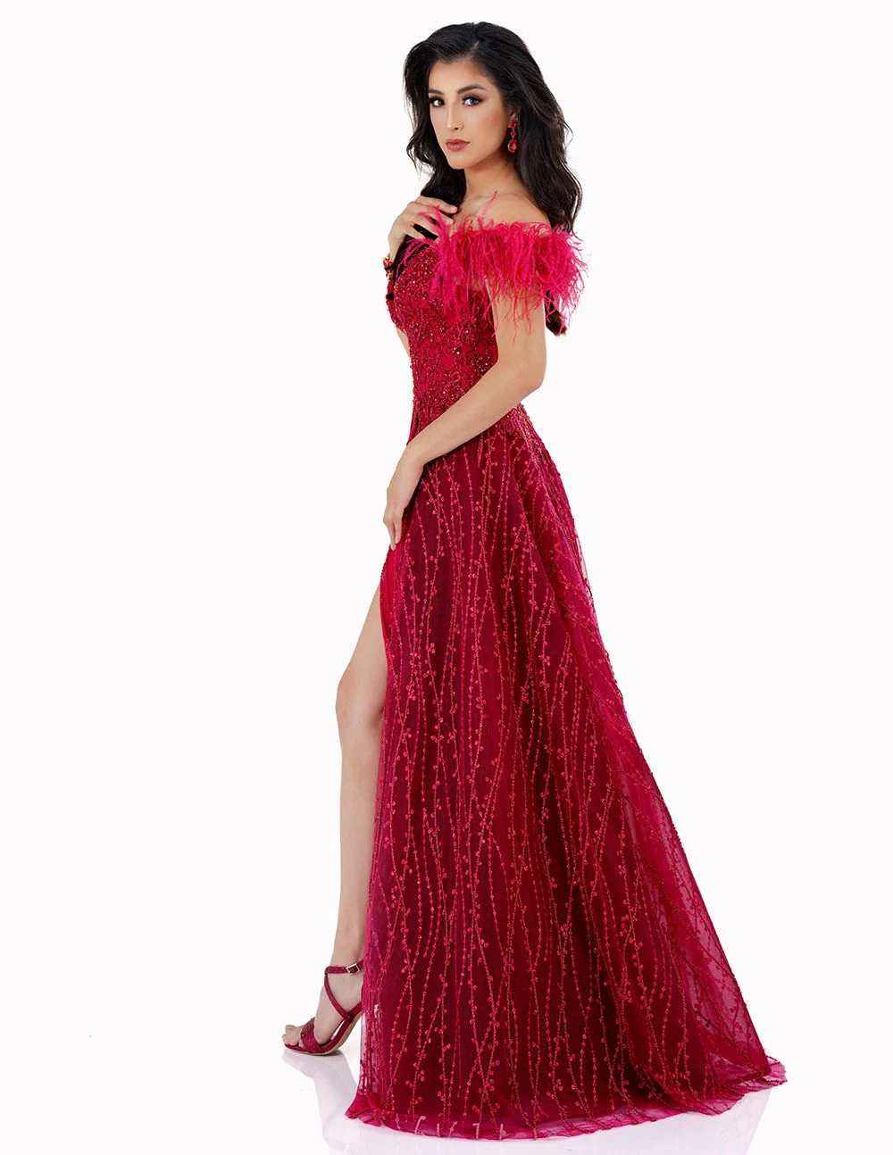 Cecilia Couture 2530 size 4 Red Feather Off Shoulder Overskirt Beaded Slit Prom Dress Pageant Gown - Image 2