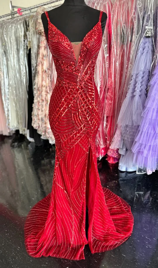 Chic and Holland AR330375 Size 2 Red Long Beaded Sequin Prom Dress Pageant Formal Gown