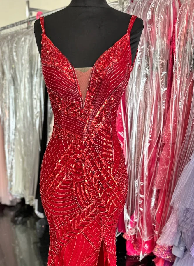 Chic and Holland AR330375 Size 2 Red Long Beaded Sequin Prom Dress Pageant Formal Gown - Image 6
