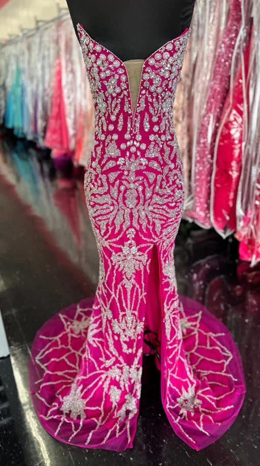 Chic and Holland AZ013 Size 2 Fuchsia Long Beaded Pageant Dress Formal Slit Evening Gown