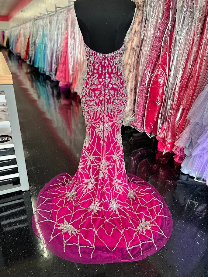 Chic and Holland AZ013 Size 2 Fuchsia Long Beaded Pageant Dress Formal Slit Evening Gown - Image 2