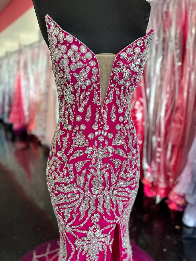 Chic and Holland AZ013 Size 2 Fuchsia Long Beaded Pageant Dress Formal Slit Evening Gown - Image 3